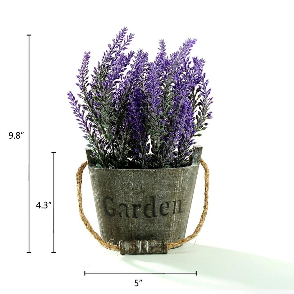 A Vintage Bouquet of Faux Lavender Potted in a Rustic Gray Wooded Bucket